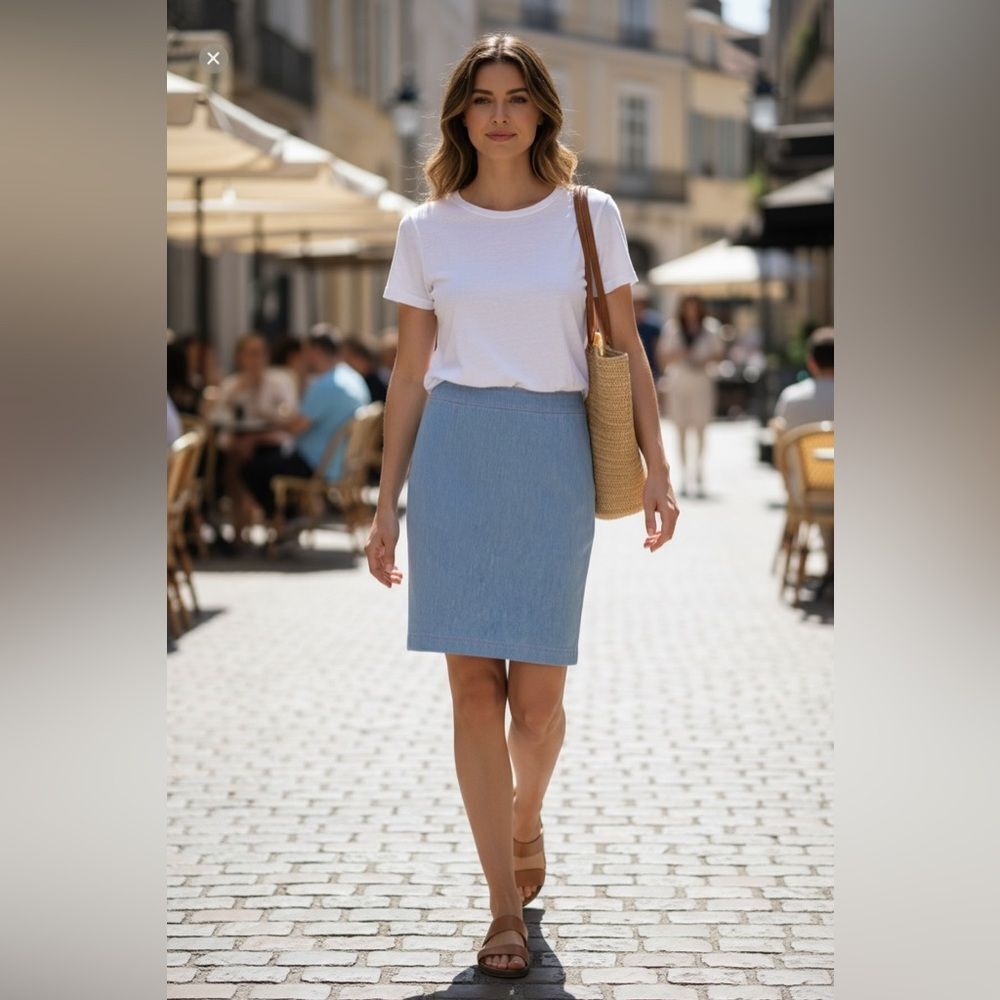 Escada blue chambray pencil mini skirt 34